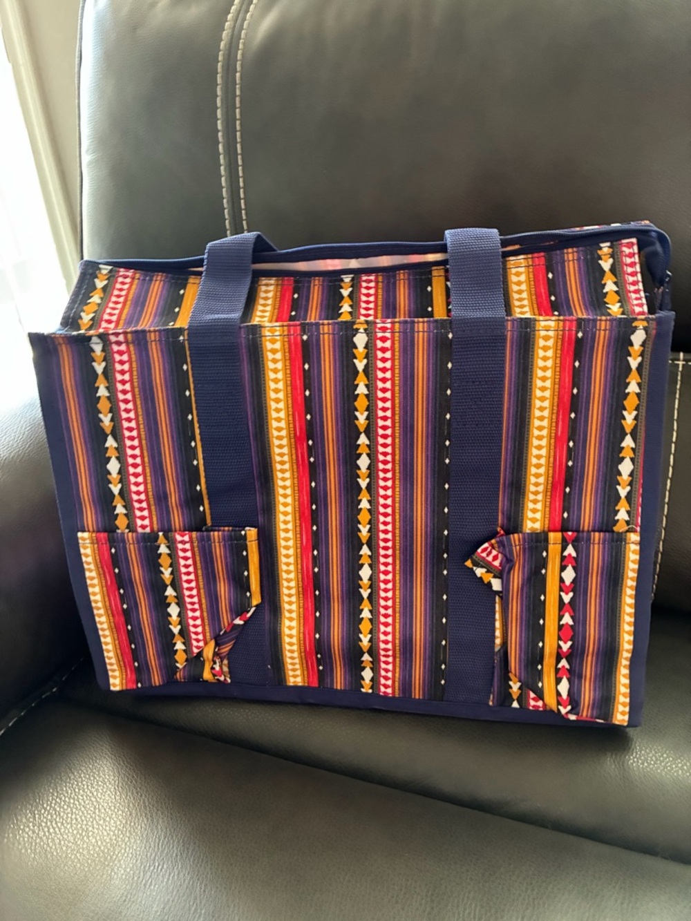 thirty-one Navy Striped Tote with Yellow, Red, Pink and Orange Accents